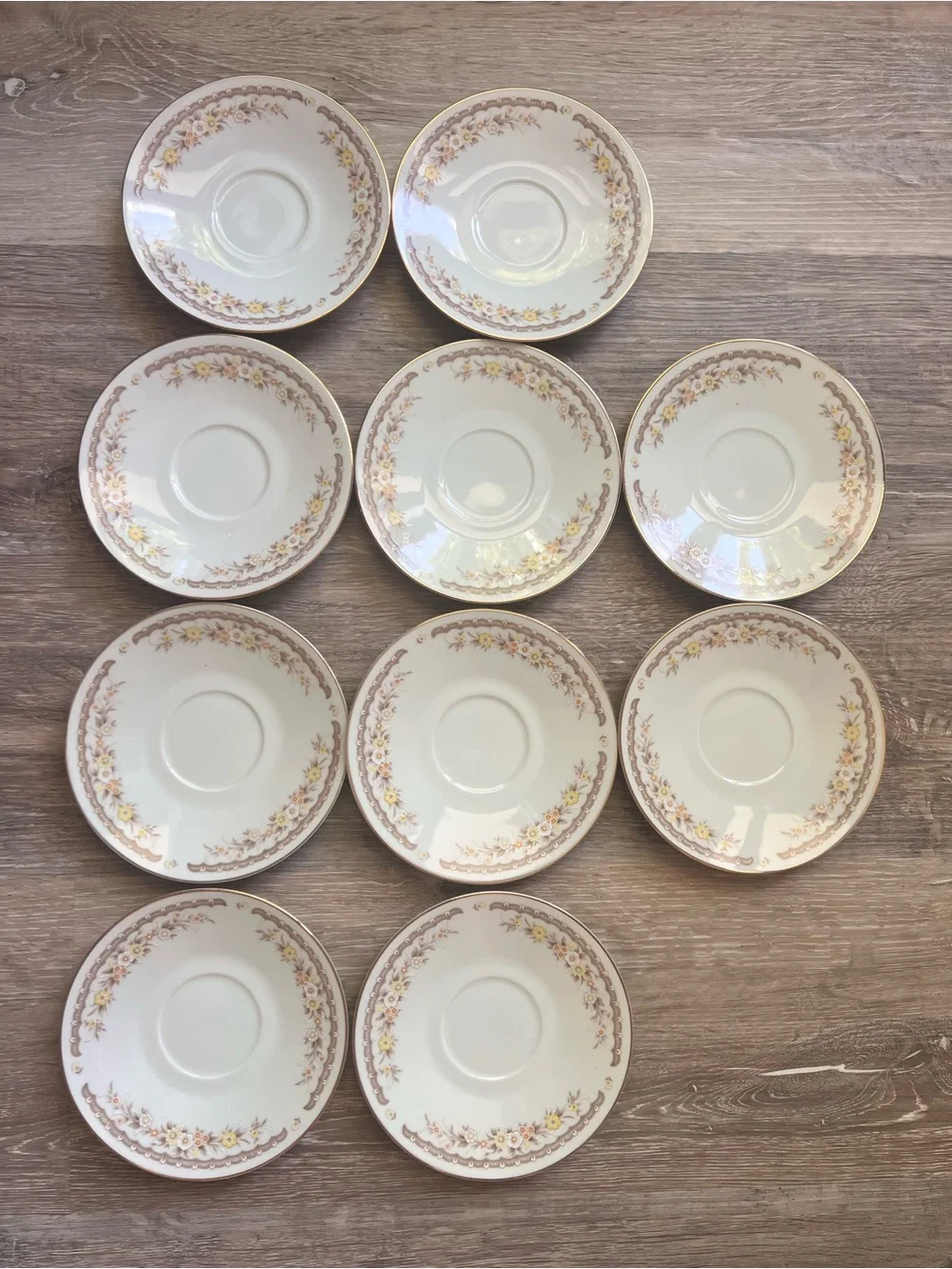 Classic White Floral Saucer Set with Gold Trim - White, Pink, Gold